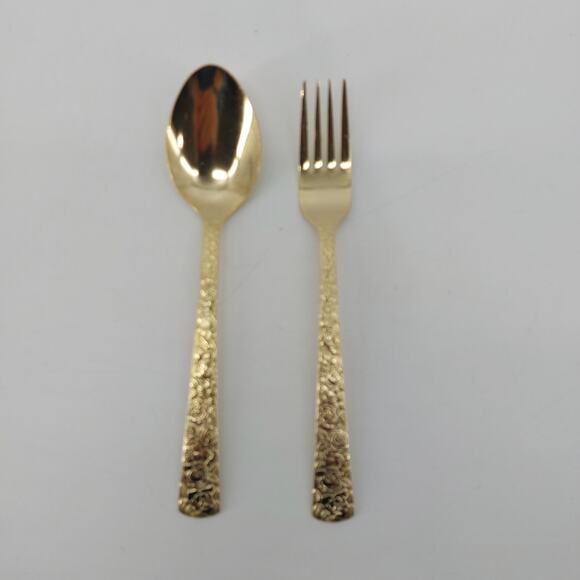Spoon and Fork Set Gold Tone Flatware Rose Floral Pattern - Picture 6 of 6
